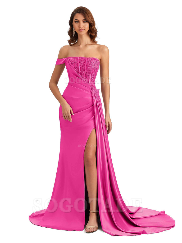 Mermaid Off Shoulder Applique formal dresses evening gown Bridesmaid Dresses With Side Slit 