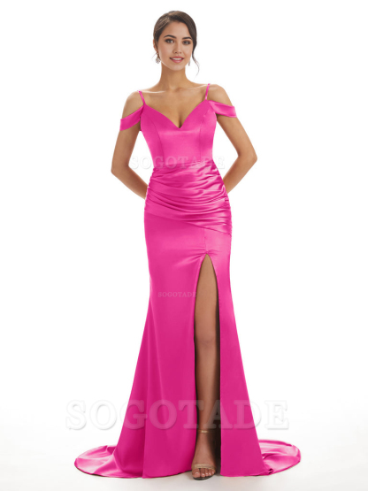 Mermaid Off The Shoulder Satin formal dresses evening gown Bridesmaid Dresses With Side Slit 