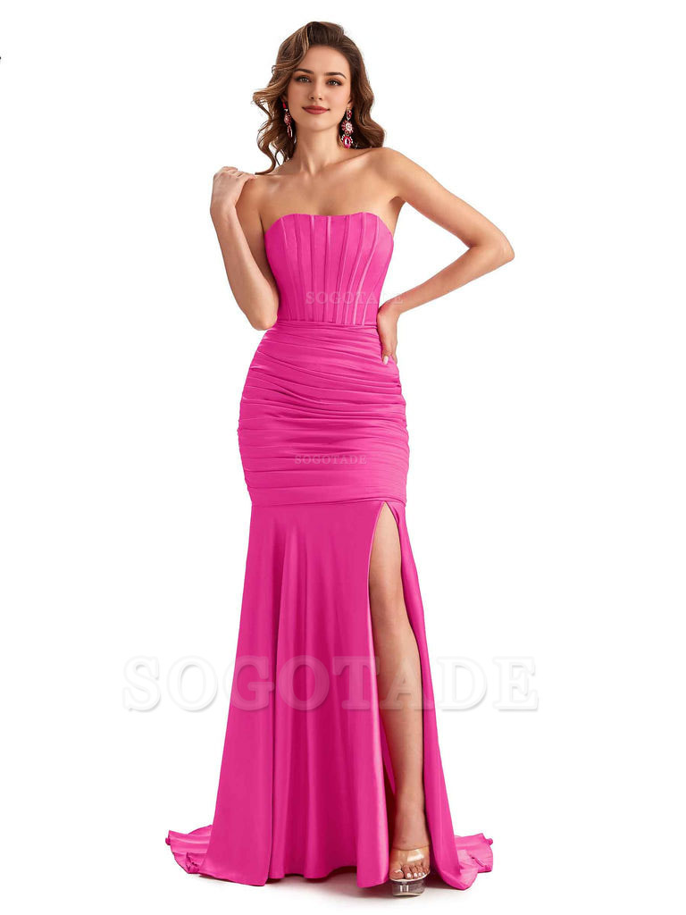 Sexy Strapless Side Slit Mermaid Silky Satin Formal Bridesmaid Dresses