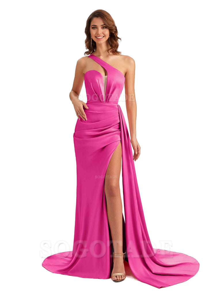 Mermaid One Shoulder Satin formal dresses evening gown Bridesmaid Dresses With Side Slit