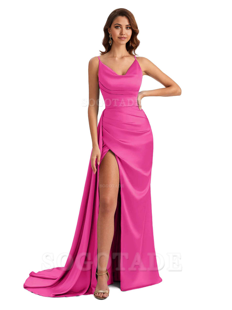 Mermaid Cowl Spaghetti Satin formal dresses evening gown Bridesmaid Dresses With Side Slit