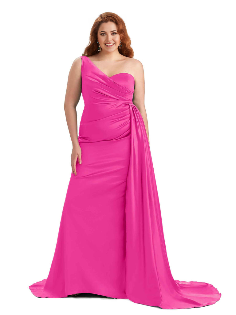 Sexy One Shoulder Sleeveless Mermaid Soft Satin Long Plus Size With Train Bridesmaid Gowns