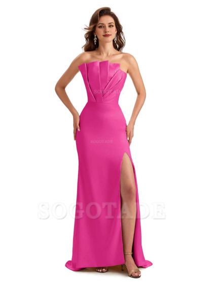 Unique Soft Satin Side Slit Asymmetrical Neckline Mermaid Long Bridesmaid Dresses