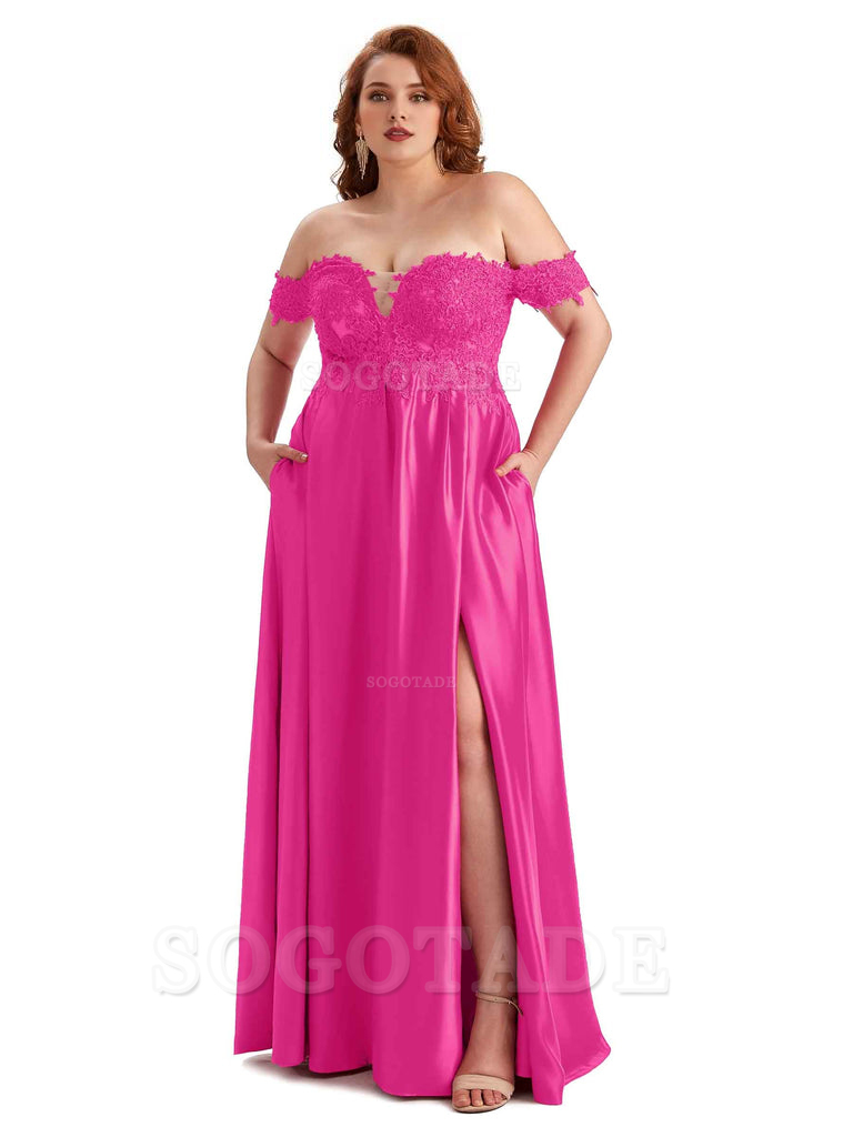 Off Shoulder Side Slit Lace Soft Satin Long Plus Size Bridesmaid Dresses For Wedding