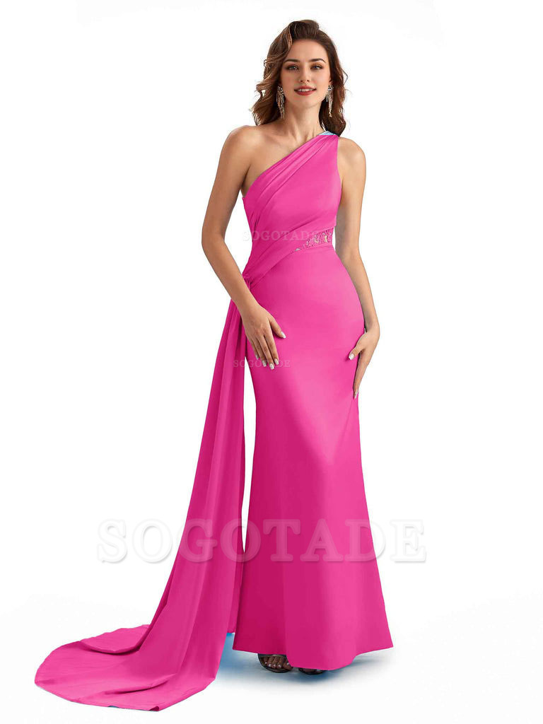 Sexy Mermaid Silky Satin One Shoulder Lace See Through Long Bridesmaid Dresses Online