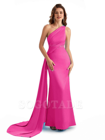 Sexy Mermaid Silky Satin One Shoulder Lace See Through Long Bridesmaid Dresses Online