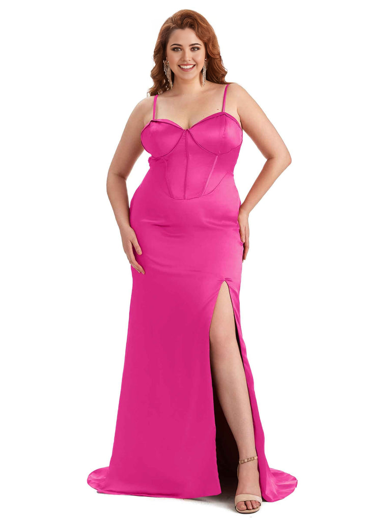 Sexy Spaghetti Straps Side Slit Sleeveless Mermaid Soft Satin Long Bridesmaid Dress Plus Size Dress To Wear to a Wedding