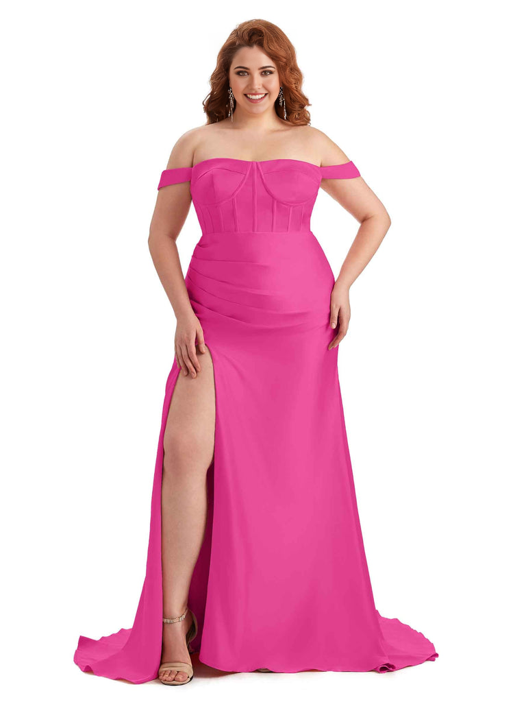 Elegant Off The Shoulder Side Slit Mermaid Soft Satin Floor Length Long Plus Size Bridesmaid Gowns