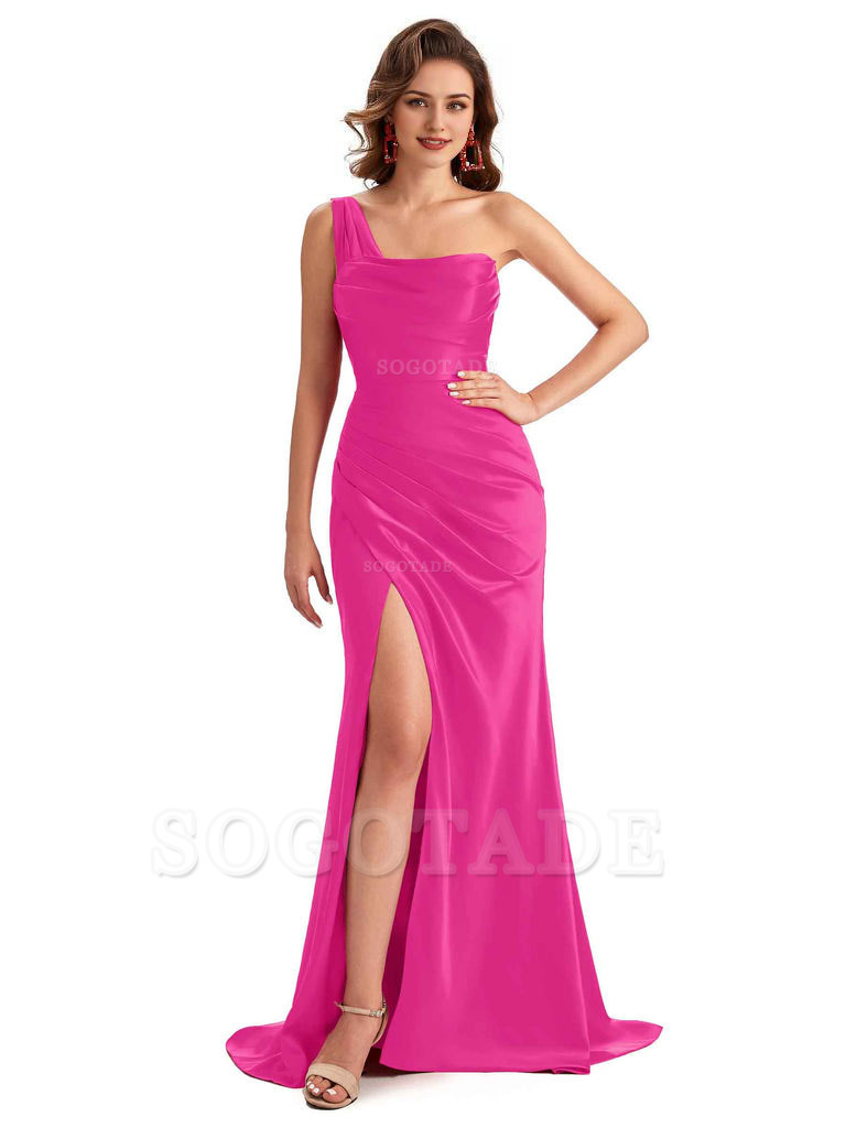 Sexy One Shoulder Side Slit Silky Satin Chic Long Mermaid Trumpet Bridesmaid Dress