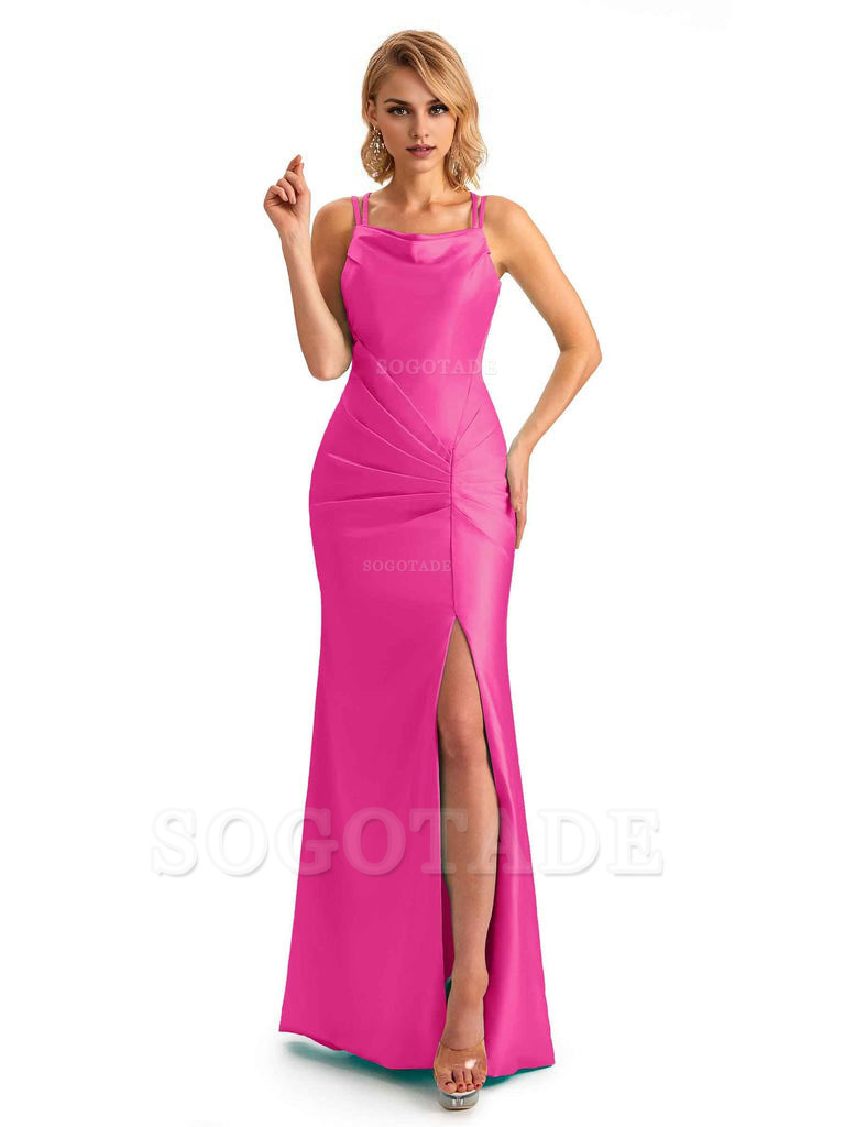 Soft Satin Spaghetti Straps Side Slit Long Unique Mermaid Beautiful Dresses For Wedding