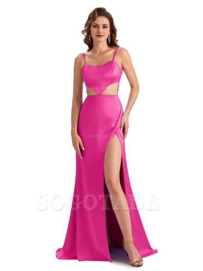 Sexy Satin Side Slit Spaghetti Straps Mermaid Long Unique Curve Wedding Guest Dresses