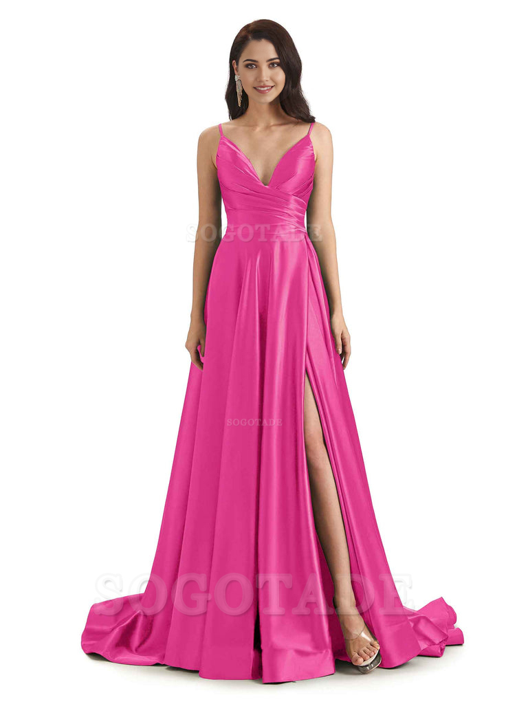 Spaghetti Straps Satin formal dresses evening gown Bridesmaid Dresses With Side Slit 