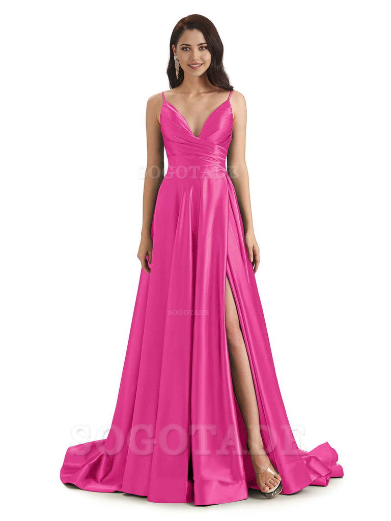 Spaghetti Straps Satin formal dresses evening gown Bridesmaid Dresses With Side Slit 