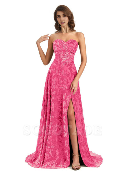 Sexy Side Slit Strapless Floral Velvet Sweetheart Long Bridesmaid Dresses