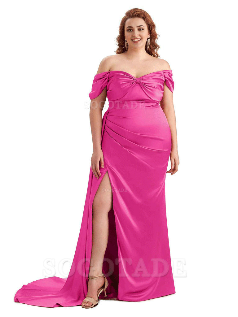  Sexy Side Slit Off The Shoulder Mermaid Soft Satin Long Plus Size Bridesmaid Dress For Wedding