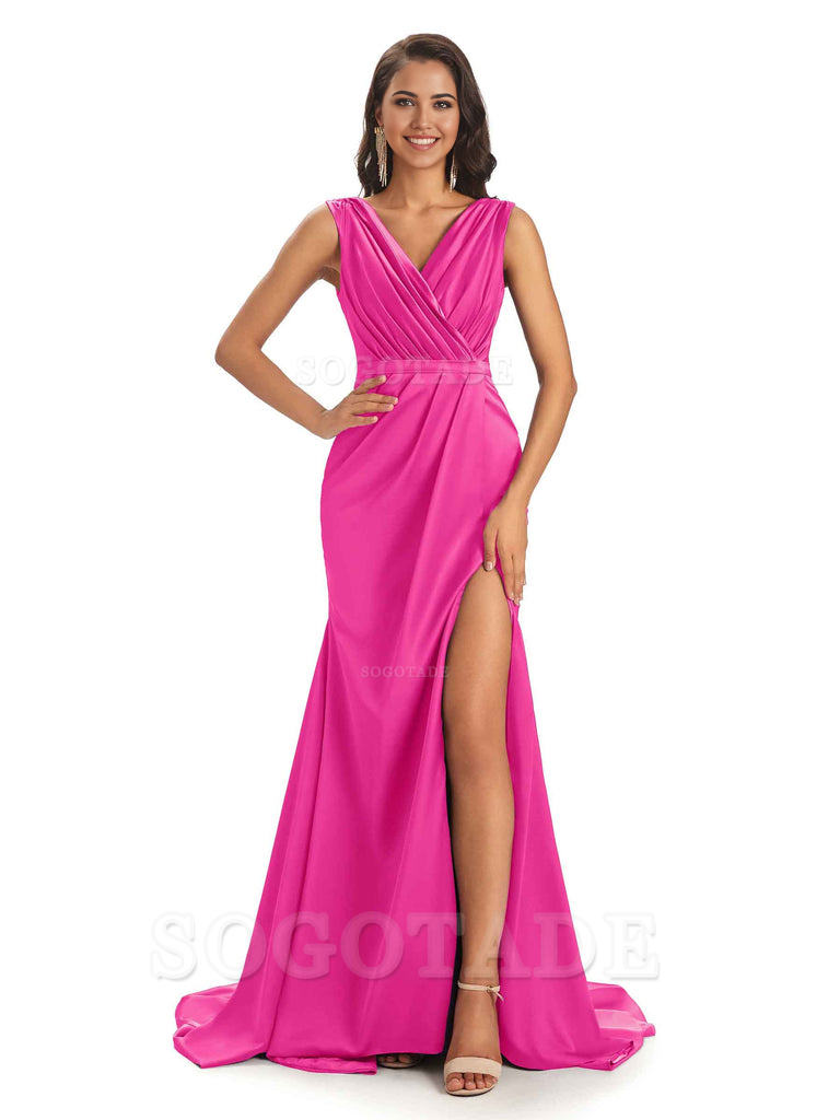 A-line V-neck Floor-Length Satin formal dresses evening gown Bridesmaid Dresses With Side Slit 
