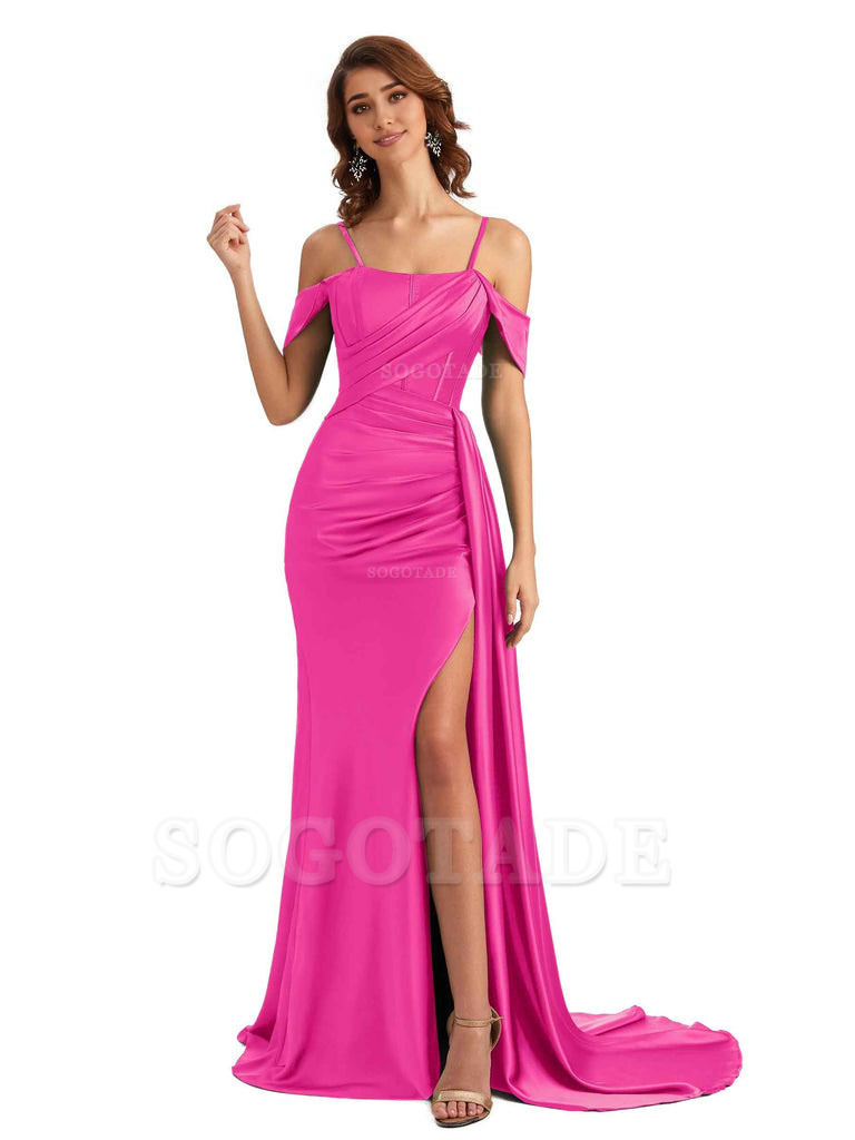 Sexy Side Slit Cold Shoulder Mermaid Satin Chic Long Wedding Guest Dresses