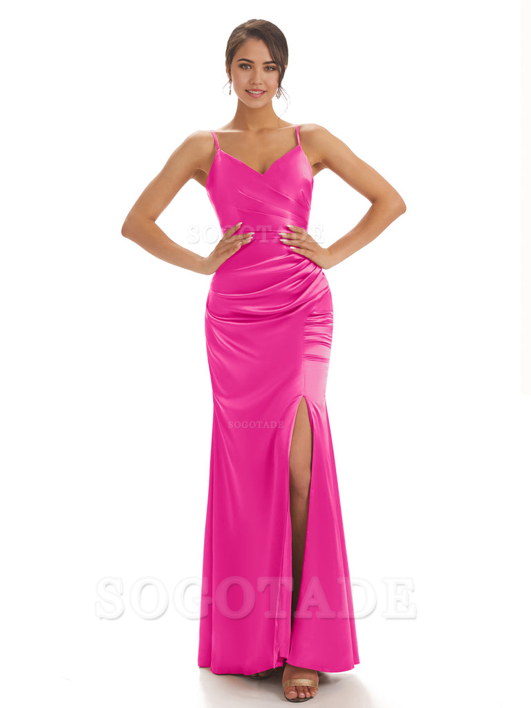 Spaghetti Straps Pleats Satin formal dresses evening gown Bridesmaid Dresses With Side Slit 