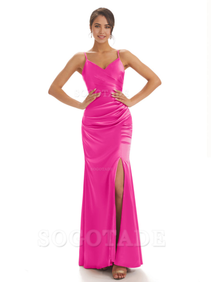 Spaghetti Straps Pleats Satin formal dresses evening gown Bridesmaid Dresses With Side Slit 