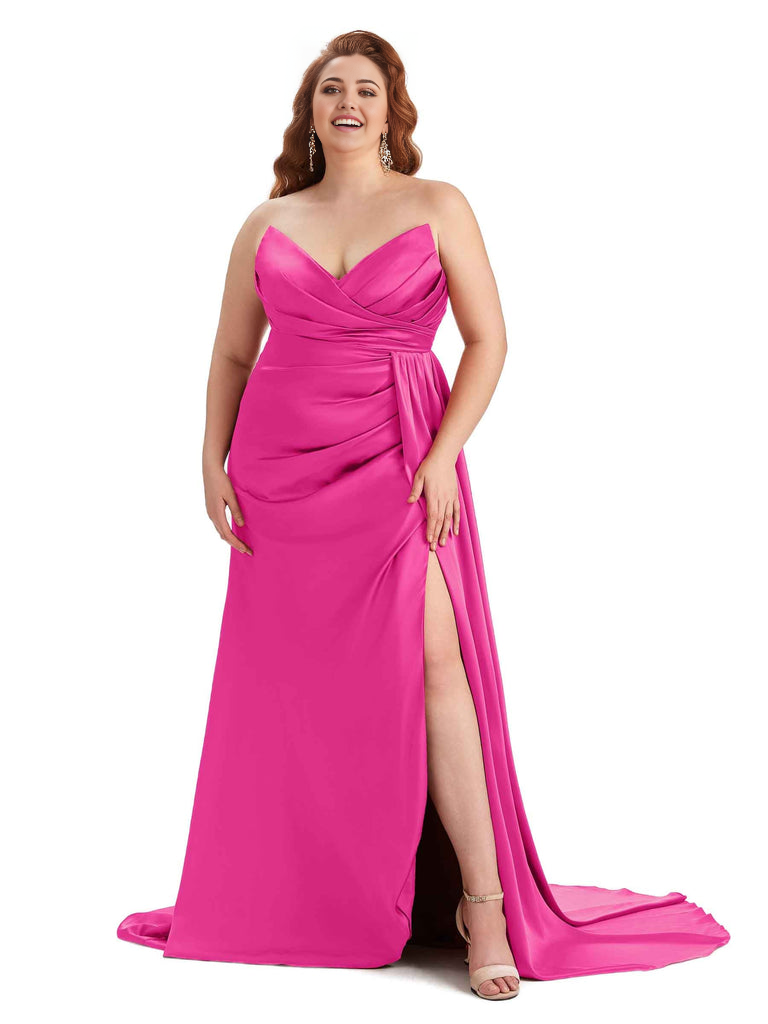 Sexy V-neck Side Slit Sleeveless Mermaid Soft Satin Long Plus Size Bridesmaid Gowns