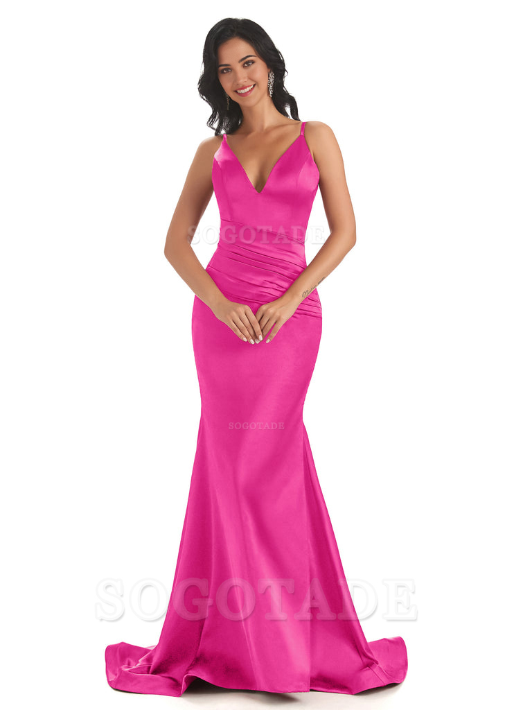 Mermaid Spaghetti V-Neck Straps Satin Long formal dresses evening gown Bridesmaid Dresses With Side Slit 