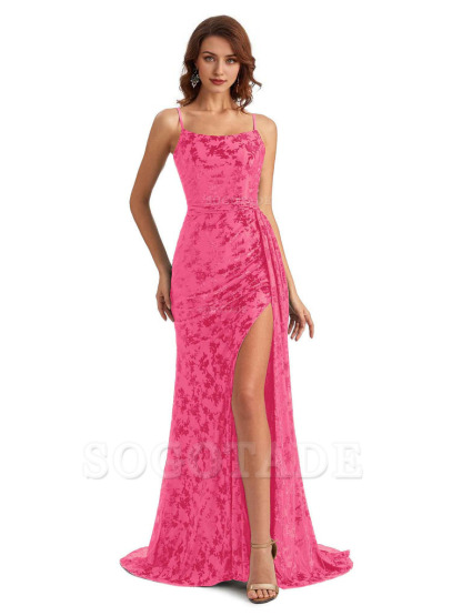 Sexy Side Slit Spaghetti Straps Mermaid Floral Velvet Long Wedding Guest Dresses