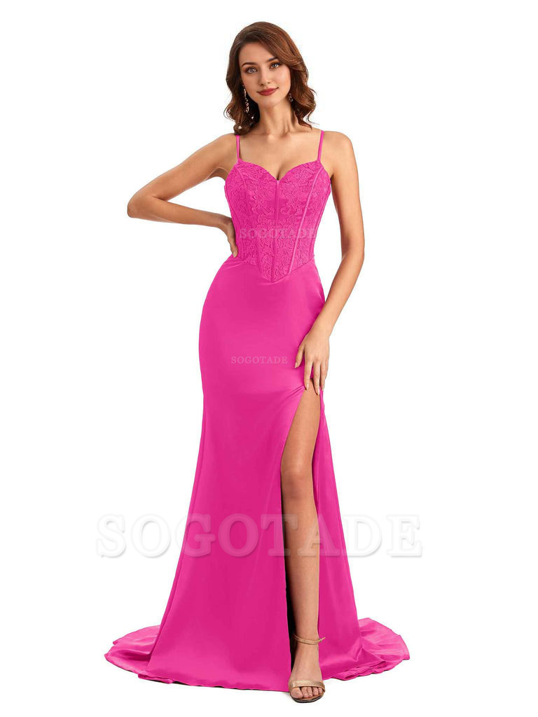 Sexy Side Slit Mermaid Silky Satin V-Neck Lace Unique Long Bridesmaid Dresses