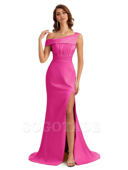 Elegant Asymmetrical Neck Soft Satin Side Slit Long Mermaid Bridesmaid Dresses