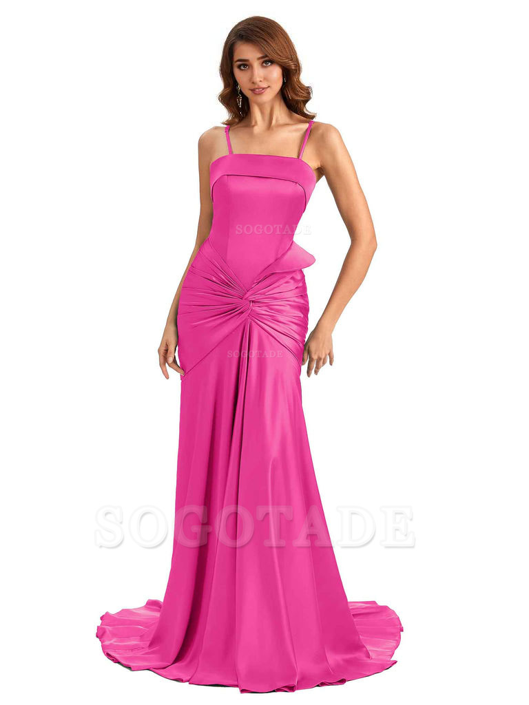 Sexy Mermaid Spaghetti Straps Silky Satin Unique Long Bridesmaid Dress For Wedding