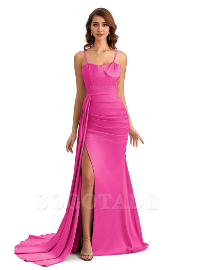 Sexy Spaghetti Straps Side Slit Mermaid Unique Long Bridesmaid Dresses In Satin