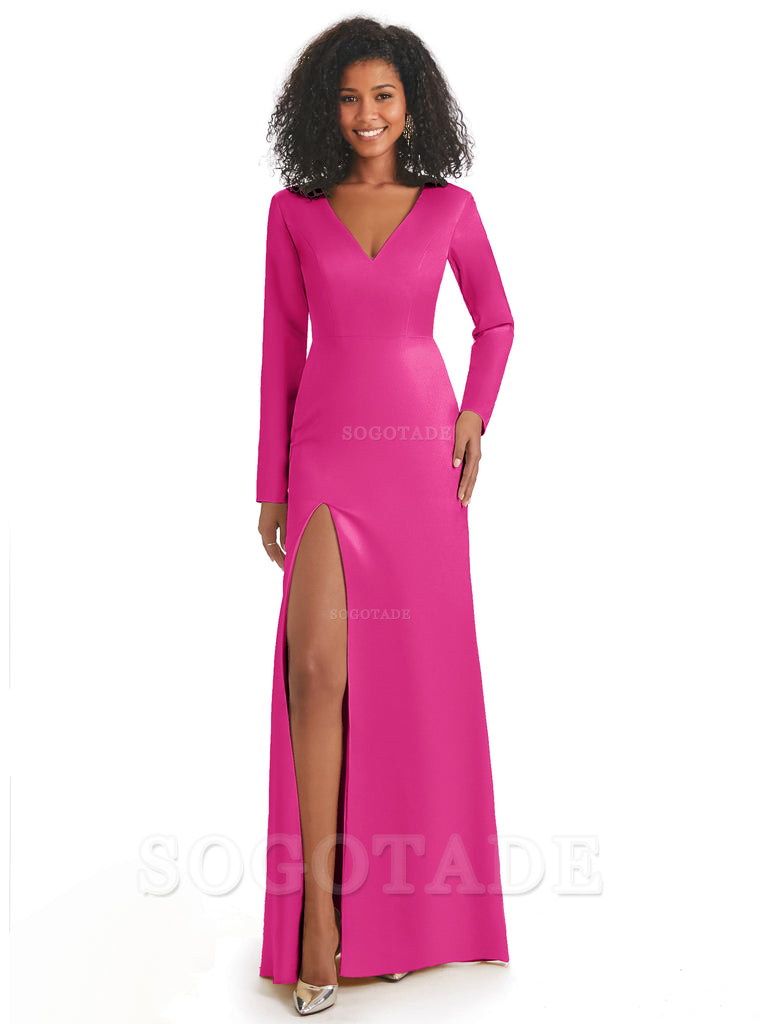 Soft Satin Side Slit Long Sleeves V-Neck Long African Mermaid Bridesmaid Dresses Elegant Evening Party Dress