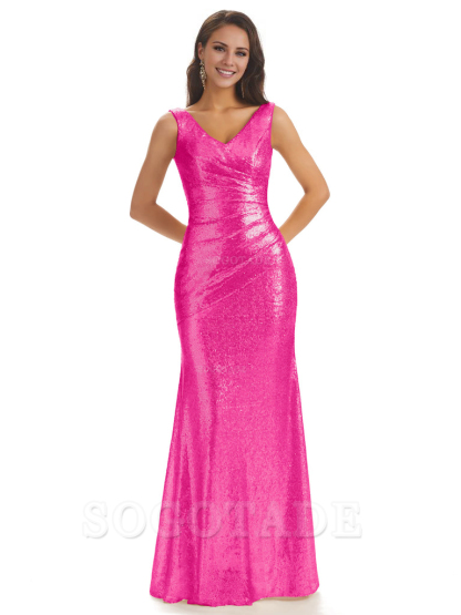 Sexy Sequin V-Neck Sparkly Long Mermaid Bridesmaid Dresses Charming Evening Party Dress