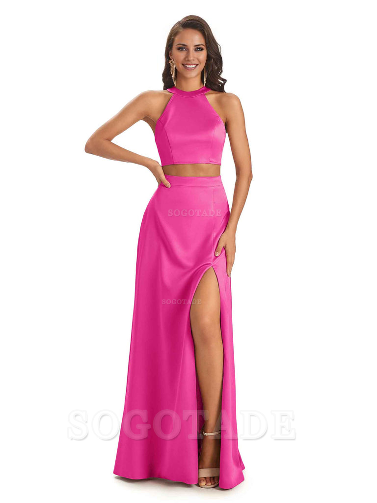 Soft Satin Two-Pieces Halter Side Slit Sexy Fashion Bridesmaid Dresses Charming Evening Party Dress