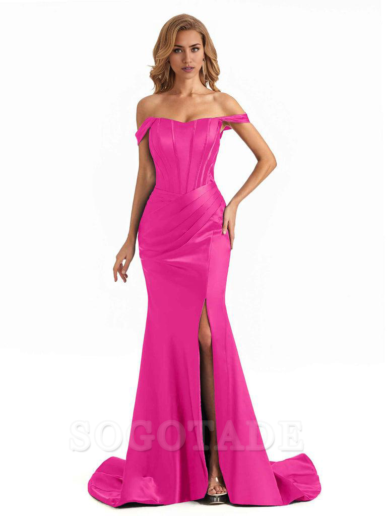 Sexy Long Mermaid Bridesmaid Dresses Off The Shoulder with Side Slit Satin Elegant Evening Party Dress 