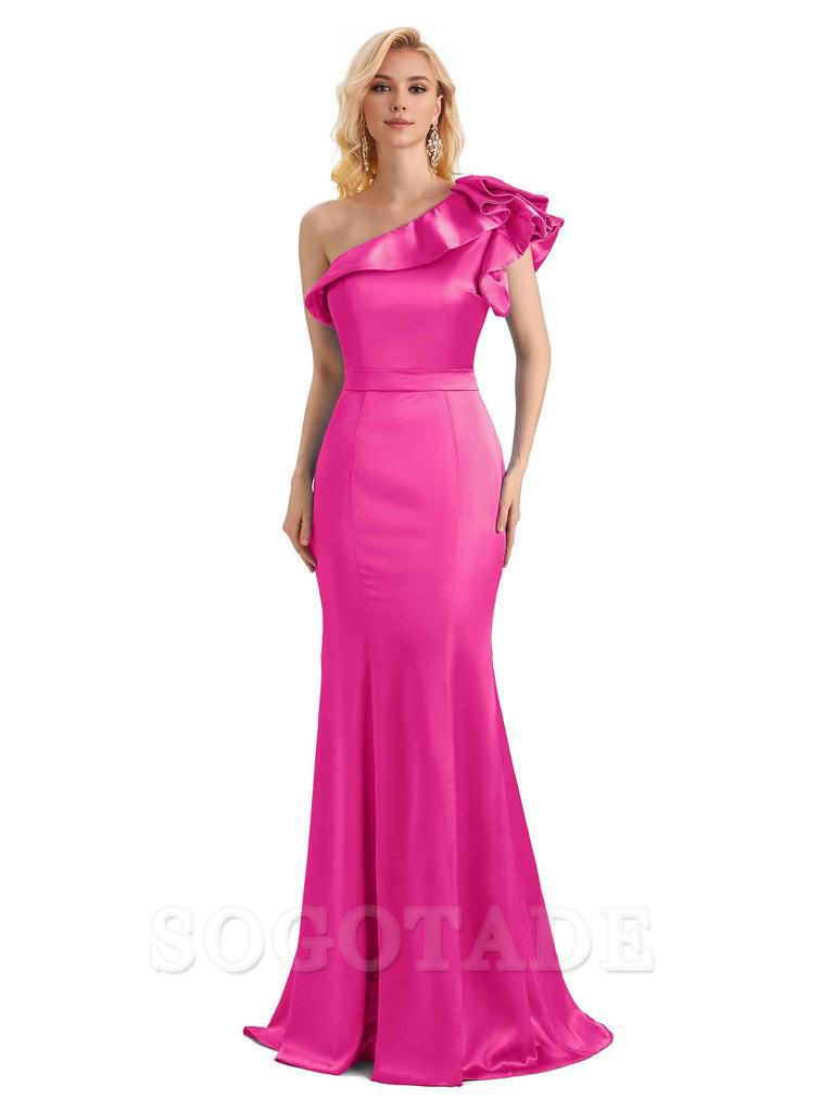 One Shoulder Long Mermaid Bridesmaid Dresses Soft Satin Charming Evening Party Dress