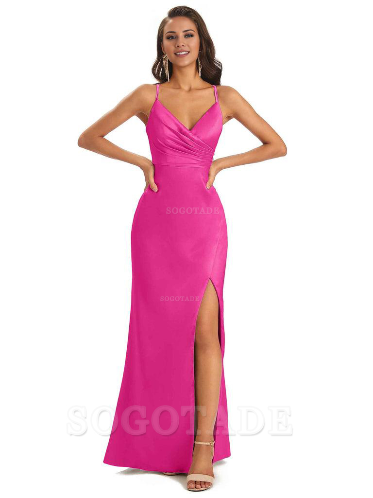 Soft Satin Side Slit Spaghetti Straps Long Unique Mermaid Bridesmaid Dresses Elegant Evening Party Dress