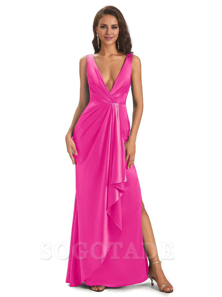 Sexy Satin V-Neck Floor-Length Long Bridesmaid Dresses with Side Slit Elegant Evening Party Dress
