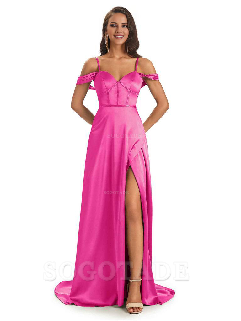 Stylish Soft Satin Side Slit Spaghetti Straps Bridesmaid Dresses Elegant Evening Party Dress