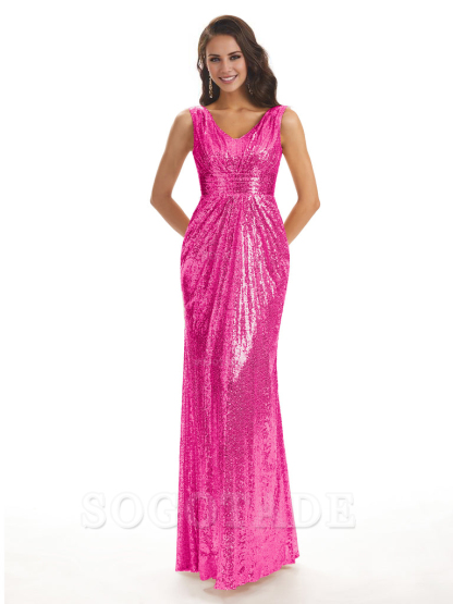 Sparkly V-Neck Sequin Long Mermaid Bridesmaid Dresses Sleeveless Charming Evening Party Dress