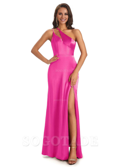 Sexy Soft Satin Side Slit One Shoulder Floor-Length Mermaid Long Bridesmaid Dresses Elegant Evening Party Dress