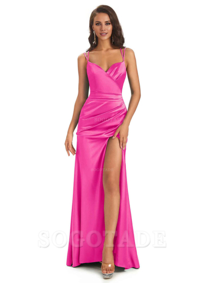 Sexy Soft Satin Side Slit Spaghetti Straps Long Maxi Mermaid Bridesmaid Dresses Elegant Evening Party Dress
