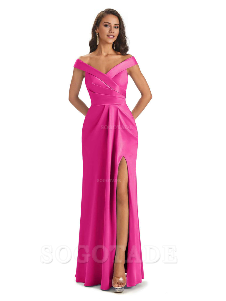 Sexy Soft Side Slit Off Shoulder V-Neck Long Satin Ladies Bridesmaid Dresses Elegant Evening Party Dress