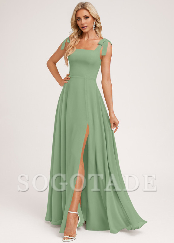 A-shaped square bow landing chiffon bridesmaid dress