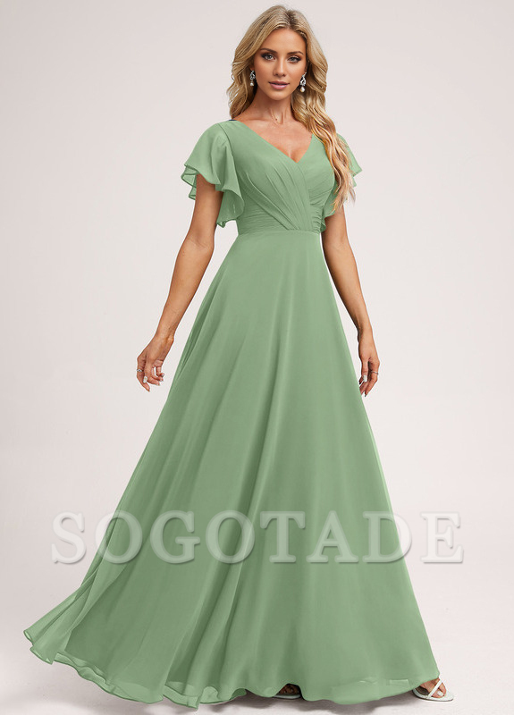 Ruffle A-line V-neck and floor chiffon bridesmaid dress