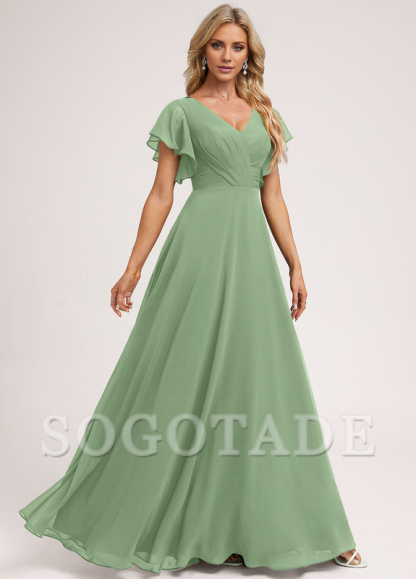 Ruffle A-line V-neck and floor chiffon bridesmaid dress