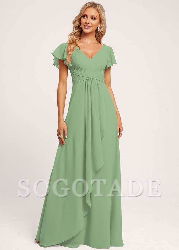 Ruffle A-line V-neck and floor chiffon bridesmaid dress