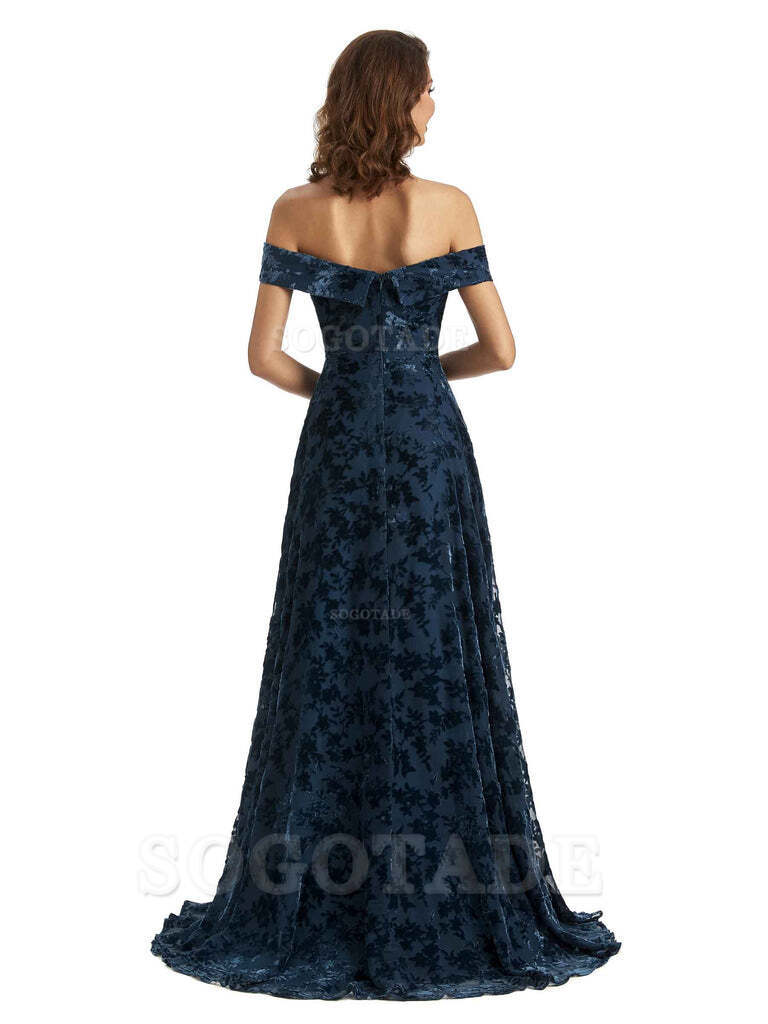 A-Line Off Shoulder Lace Velvet formal dresses evening gown Bridesmaid Dresses With Side Slit