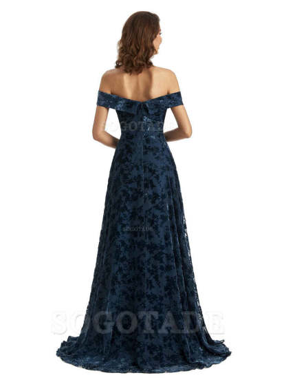 A-Line Off Shoulder Lace Velvet formal dresses evening gown Bridesmaid Dresses With Side Slit