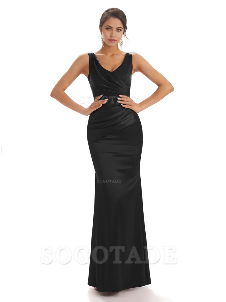 Sheath Sleeveless V-neck Floor-Length Satin formal dresses evening gown Bridesmaid Dresses With Pleats 
