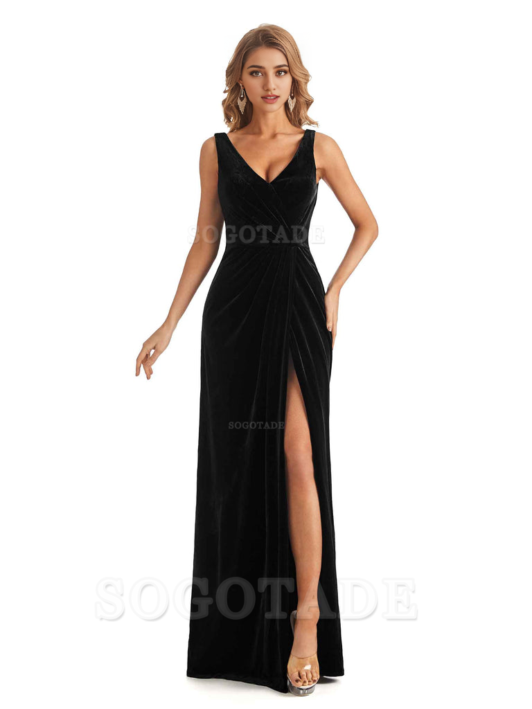 V-Neck Sexy Side Slit Spaghetti Straps Pleated Velvet Long Bridesmaid Dresses Formal Wear Dresses